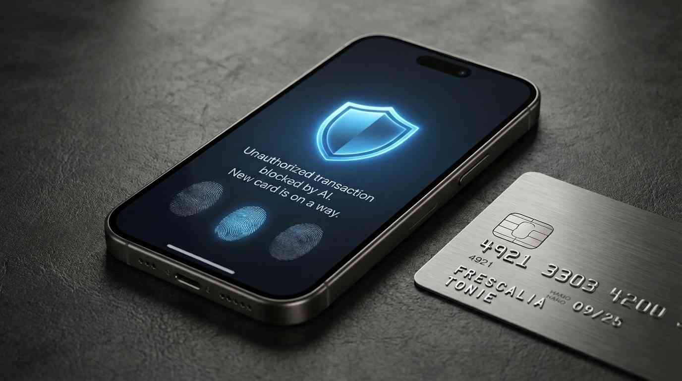 A smartphone showing an AI-driven fraud prevention alert and transaction block.